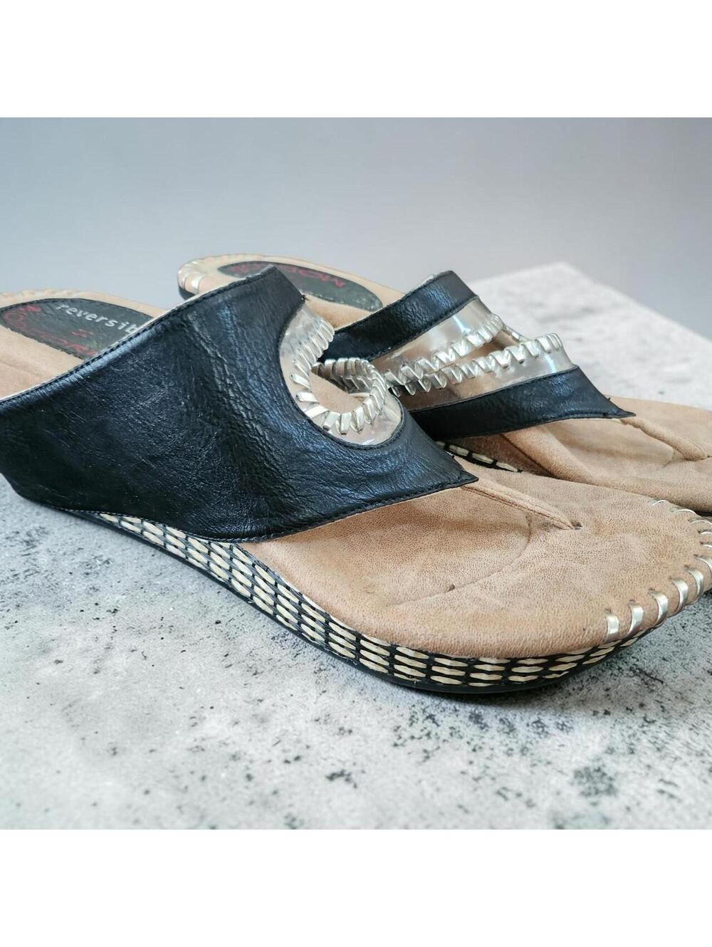 Modzori Reversible Black & Tan Leather Wedge Sandals with Silver Trim